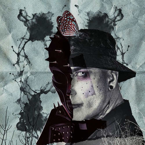 Aesthetic Perfection & Priest – Rorschach: a collage of a pale face under a black bucket hat, split down the middle by a dark spiked mask, with a red butterfly on the brim and black inkblots on creased blue-grey paper behind