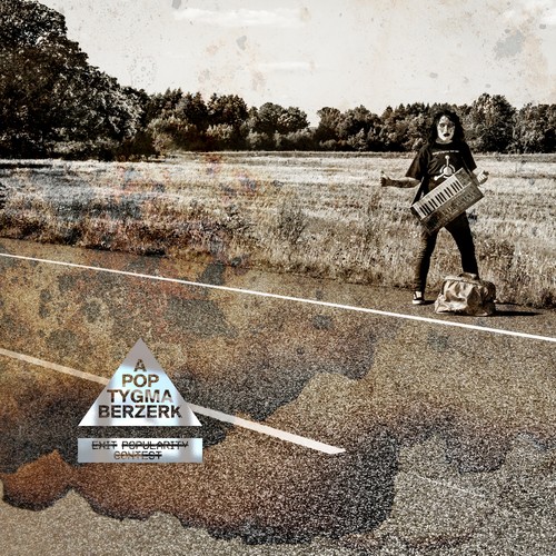 Apoptygma Berzerk – Exit Popularity Contest album cover: a sepia-toned photo of a long-haired figure holding a keyboard by a country road at the edge of a field, a bag at their feet, with the triangular Apoptygma Berzerk logo and the crossed-out album title in the lower left