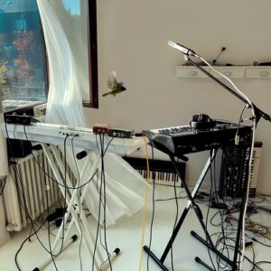 Carmen Burguess – El Mar single cover, a sunlit studio with keyboards, a microphone stand and a small bird in flight by the window