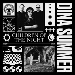 Dina Summer – Children Of The Night mini album cover: black-and-white collage with a photo of the three band members, a gothic ruin with white-robed figures, the title in white capitals and the band name running vertically down the right edge