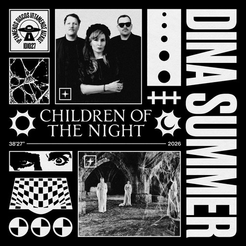 Dina Summer – Children Of The Night mini album cover: black-and-white collage with a photo of the three band members, a gothic ruin with white-robed figures, the title in white capitals and the band name running vertically down the right edge