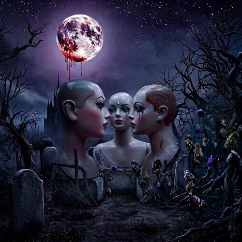Ghostbells – Phantoms: three pale mannequin-like heads with tear-streaked faces rise among graves and bare trees under a starry night sky, a blood-red dripping moon above and a gothic church spire in the distance