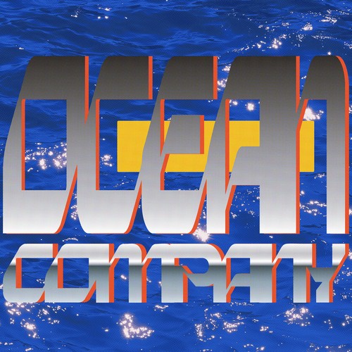 Hotel Pools & Hello Meteor – Ocean Company album cover: chrome lettering reading Ocean Company with a yellow bar, over a sunlit blue sea