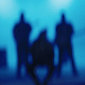 KABBEL – Fiction Clouds single cover: three blurred dark silhouettes of the band against a hazy bright blue background