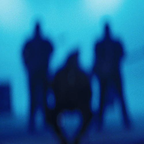 KABBEL – Fiction Clouds single cover: three blurred dark silhouettes of the band against a hazy bright blue background