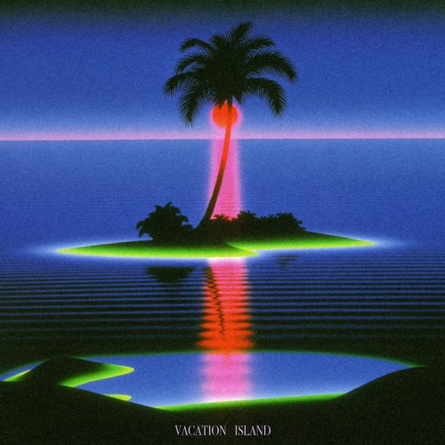 Lucy In Disguise – Vacation Island single cover: a lone palm tree on a small neon-rimmed island under a pink sun, reflected in a dark blue sea