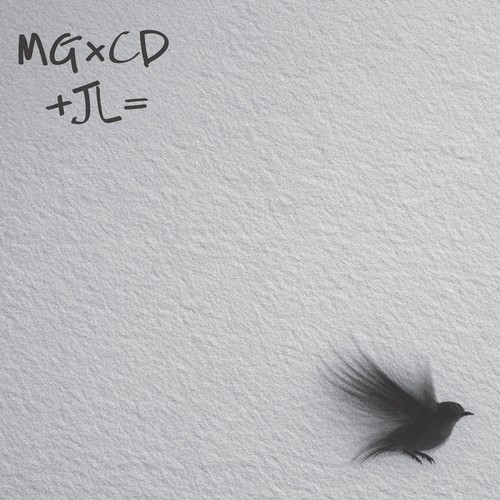 MG x CD + JL = – Cross Whisper single cover: handwritten MG x CD + JL = lettering on textured grey paper, with a blurred black bird in flight
