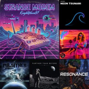 Cover art grid: KnightWave87 – Strange Modem, IMAGINEA – NEON TSUNAMI, DJLM – Signal Perdu, PULSITHER – Space Dream, Vogon Poetry – Further Than Before, Kyuazak – RESONANCE