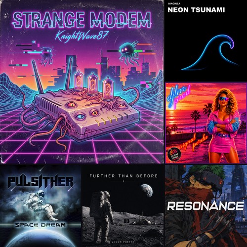 Cover art grid: KnightWave87 – Strange Modem, IMAGINEA – NEON TSUNAMI, DJLM – Signal Perdu, PULSITHER – Space Dream, Vogon Poetry – Further Than Before, Kyuazak – RESONANCE