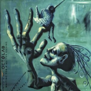 Octolab – Waiting for a better ending album cover: a painted, sea-green scene of a bald figure gazing up at a long-beaked bird perched on an outstretched hand, with the Octolab logo and album title running vertically down the left edge