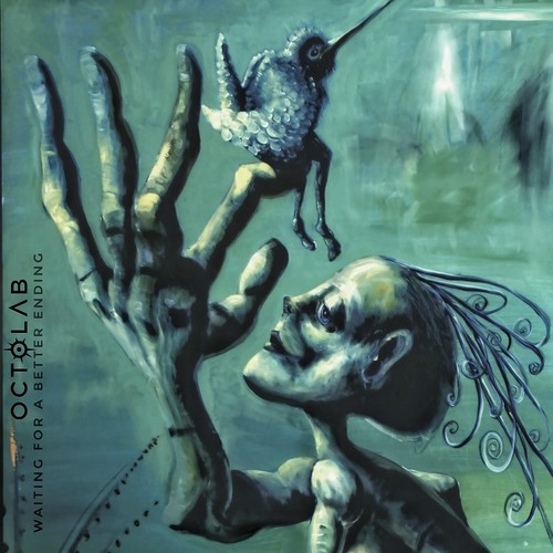Octolab – Waiting for a better ending album cover: a painted, sea-green scene of a bald figure gazing up at a long-beaked bird perched on an outstretched hand, with the Octolab logo and album title running vertically down the left edge