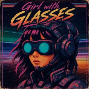 Paradise86 – Girl with Glasses single cover: an illustrated girl with dark pink-streaked hair wearing teal goggles and headphones against neon speed lines, under the title in pink and orange brush lettering