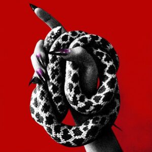 Rayne Reznor & Megan McDuffee – The Adder single cover: a grainy black-and-white hand with long dark nails, coiled in a spotted snake, against a solid red background
