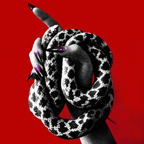 Rayne Reznor & Megan McDuffee – The Adder single cover: a grainy black-and-white hand with long dark nails, coiled in a spotted snake, against a solid red background