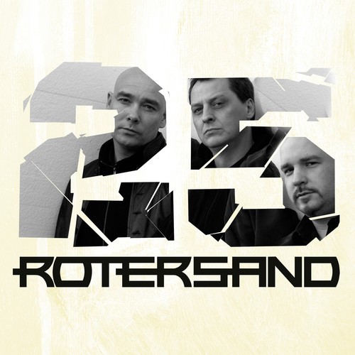 Rotersand – Merging Oceans / Train cover art: a large shattered number 25 filled with a black-and-white photo of three men, above the black Rotersand logo on a pale cream background
