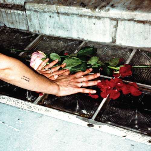 Sensitive Content – Romantic Asthmatic album cover: a tattooed arm and ringed hand reaching across a dark metal grate scattered with a pink rose and red bougainvillea flowers