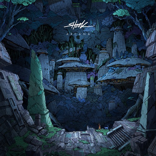 Shook – Arcana cover: illustrated night scene of an overgrown alien city, mushroom-shaped towers and stone monoliths in deep blue and teal, a tiny figure and a small creature standing in the ruins below, with the Shook logo and the word Arcana at the top
