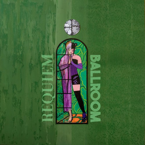 Then Comes Silence – Requiem Ballroom album cover: a stained-glass window split between a praying figure and a dancer, under a mirror ball, on a green background