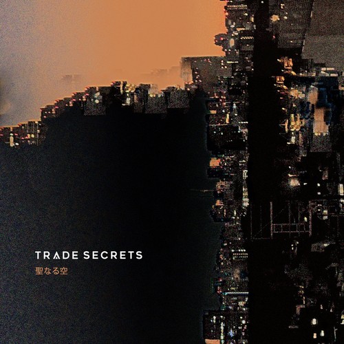 Trade Secrets – The Holy Skies EP cover: a night-time aerial view of a dense, lit-up city skyline under an orange sky, with the band name and Japanese title 聖なる空 in white and orange