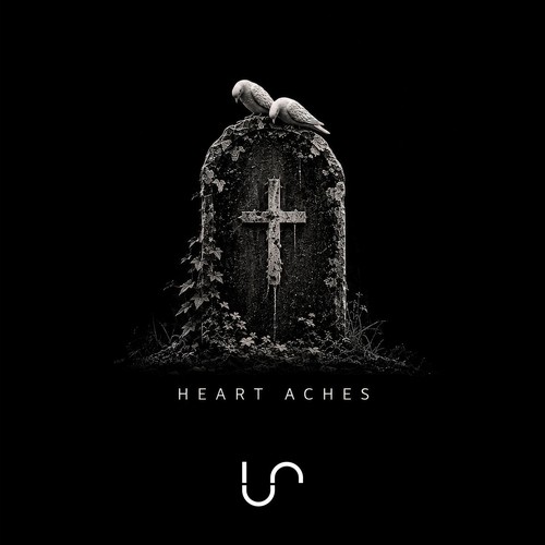 Unify Separate – Heart Aches: a moss-covered gravestone with a cross and two white doves on top, the title in spaced white capitals and the duo's logo below, on a black background