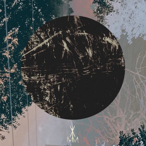 Vlimmer – Augendrang single cover: a large black scratched circle over a faded collage of trees and bare branches, with a small runic monogram at the bottom