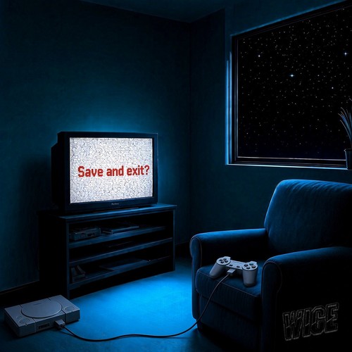 Wice – Save And Exit single cover: a dark blue bedroom at night, an old CRT television glowing with the words “Save and exit?”, a games console on the floor, a controller resting on an armchair and a starry sky through the window