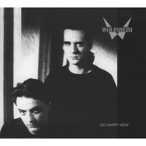 Wolfsheim – No Happy View album cover: a black-and-white photo of Peter Heppner and Markus Reinhardt in a dark room, with the Wolfsheim logo top right and the album title in small capitals